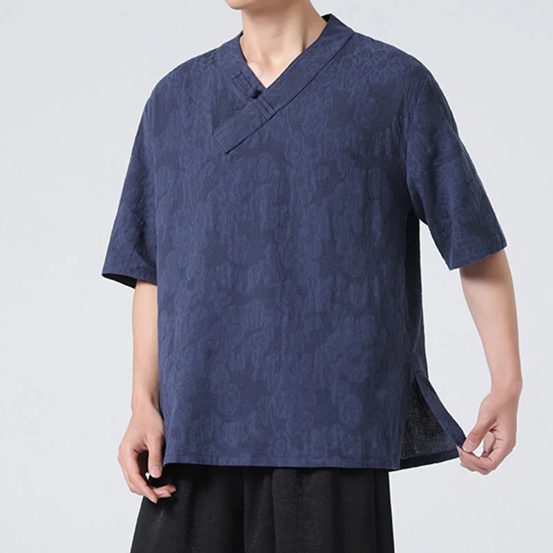 Camicia da uomo in lino e cotone a maniche corte, con colletto alto, in jacquard anticato, con bottoni a rana, etnica, con Buddha Stones , abbigliamento Tai Chi - Image 5