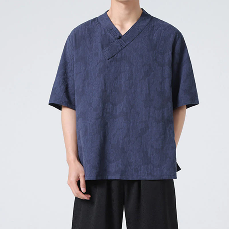 Camicia da uomo in lino e cotone a maniche corte, con colletto alto, in jacquard anticato, con bottoni a rana, etnica, con Buddha Stones , abbigliamento Tai Chi - Image 7