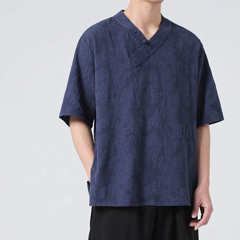 Camicia da uomo in lino e cotone a maniche corte, con colletto alto, in jacquard anticato, con bottoni a rana, etnica, con Buddha Stones , abbigliamento Tai Chi - Image 8