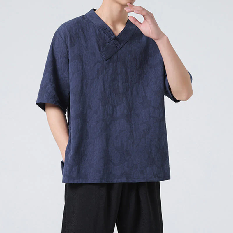 Camicia da uomo in lino e cotone a maniche corte, con colletto alto, in jacquard anticato, con bottoni a rana, etnica, con Buddha Stones , abbigliamento Tai Chi - Image 9