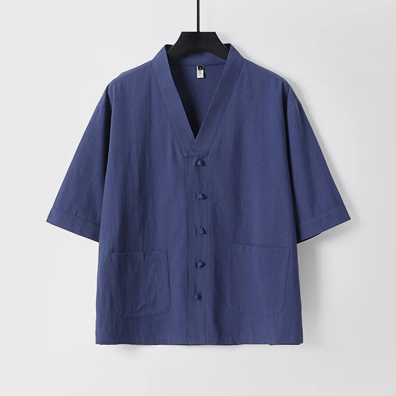 Camicia da uomo in lino e cotone con bottoni frontali, manica a tre quarti, casual, tinta unita , Buddha Stones, con tasche - Image 13