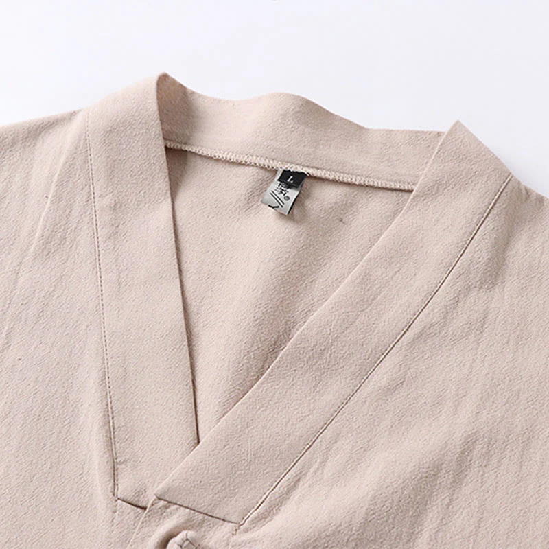 Camicia da uomo in lino e cotone con bottoni frontali, manica a tre quarti, casual, tinta unita , Buddha Stones, con tasche - Image 4