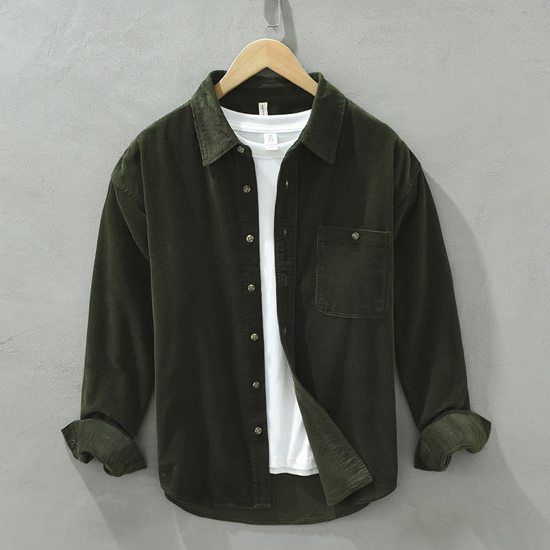 Camicia da uomo in velluto a coste di cotone a maniche lunghe con colletto rialzato, tasche decorative con bottoni e motivo Buddha Stones Fall - Image 10
