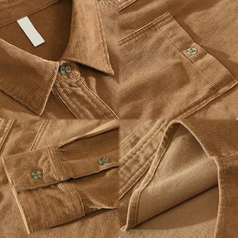 Camicia da uomo in velluto a coste di cotone a maniche lunghe con colletto rialzato, tasche decorative con bottoni e motivo Buddha Stones Fall - Image 3