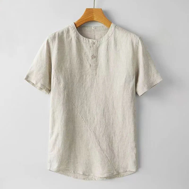 Camicia estiva da uomo con bottoni a tinta unita e maniche corte in cotone e lino Buddha Stones