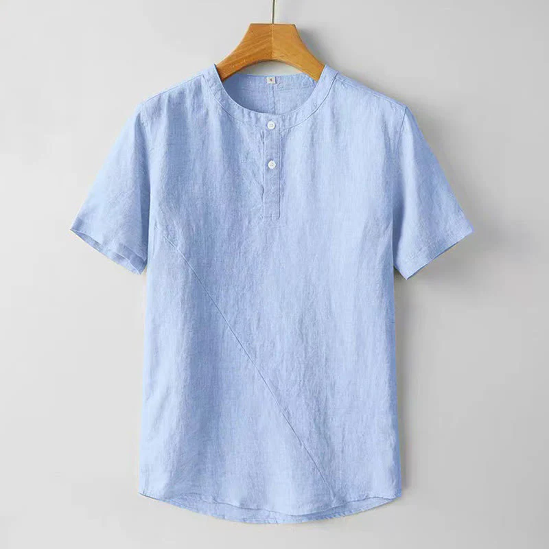 Camicia estiva da uomo con bottoni a tinta unita e maniche corte in cotone e lino Buddha Stones - Image 10