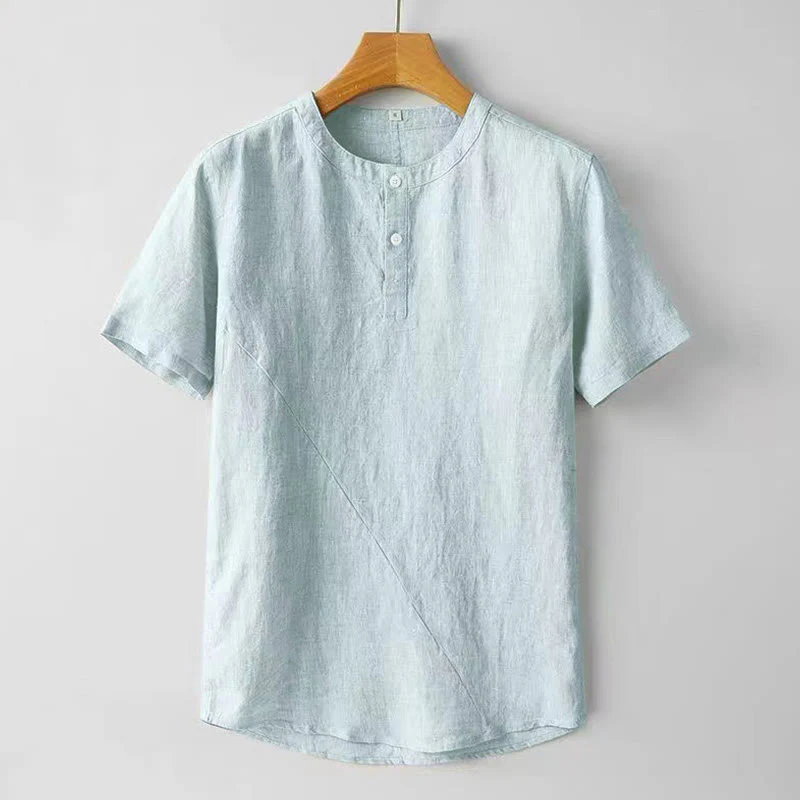 Camicia estiva da uomo con bottoni a tinta unita e maniche corte in cotone e lino Buddha Stones - Image 11