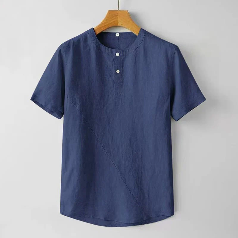 Camicia estiva da uomo con bottoni a tinta unita e maniche corte in cotone e lino Buddha Stones - Image 12