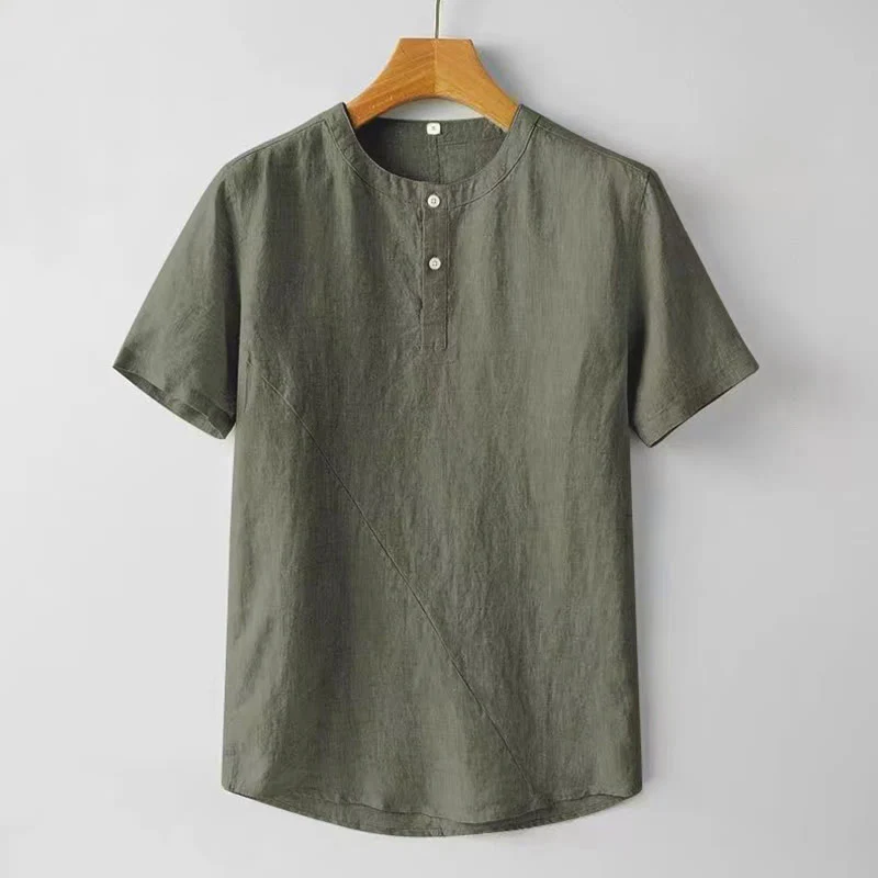 Camicia estiva da uomo con bottoni a tinta unita e maniche corte in cotone e lino Buddha Stones - Image 13