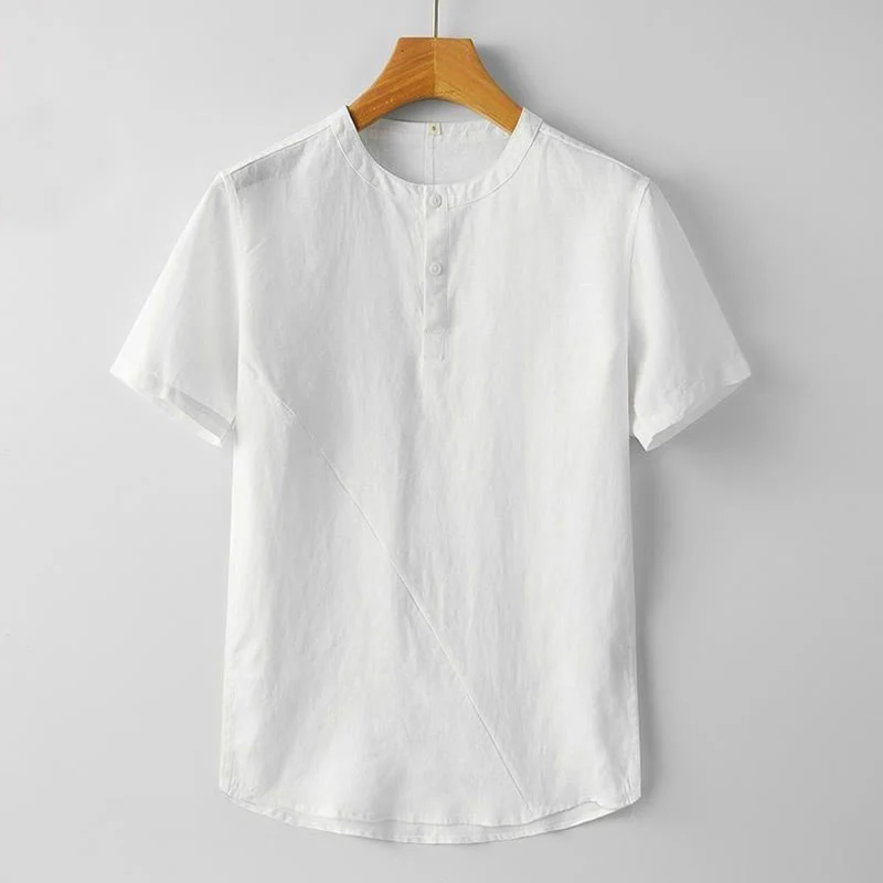 Camicia estiva da uomo con bottoni a tinta unita e maniche corte in cotone e lino Buddha Stones - Image 7