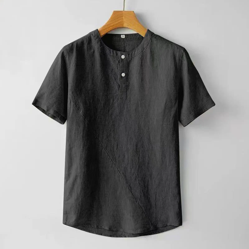 Camicia estiva da uomo con bottoni a tinta unita e maniche corte in cotone e lino Buddha Stones - Image 8