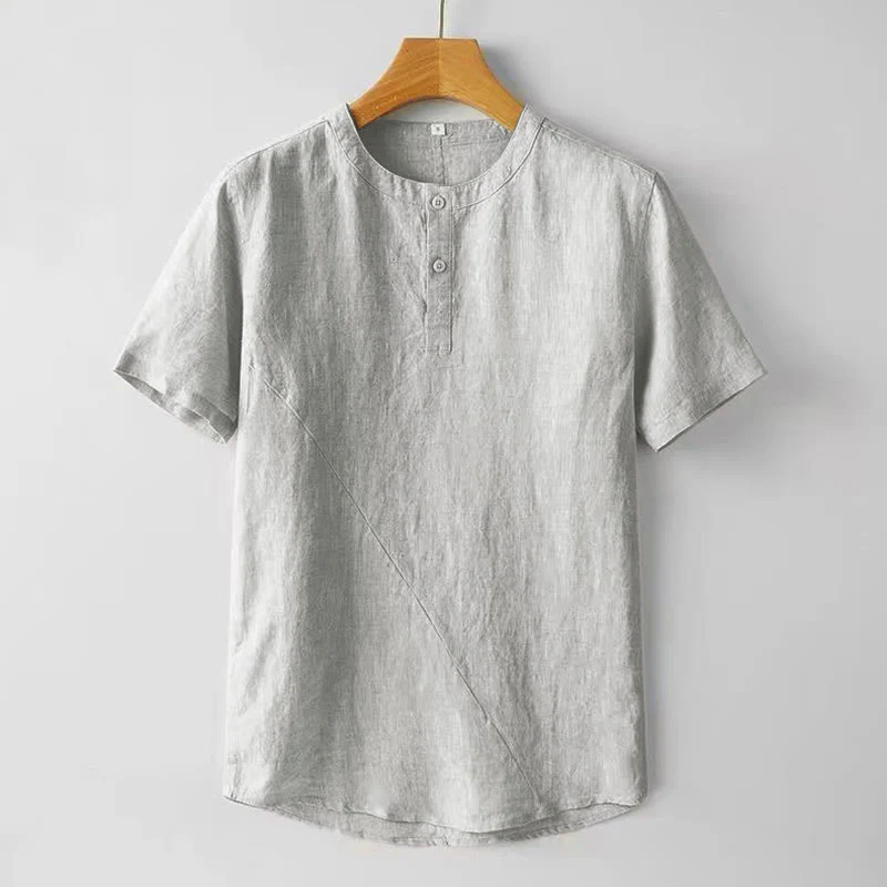 Camicia estiva da uomo con bottoni a tinta unita e maniche corte in cotone e lino Buddha Stones - Image 9