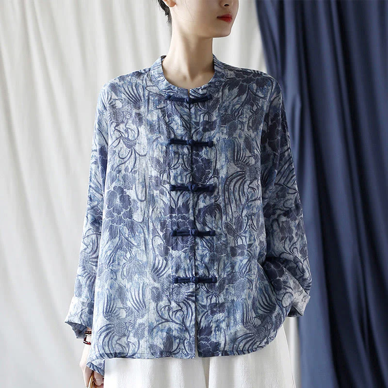 Camicia giacca in lino ramiè a maniche lunghe con motivo a rana, motivo a fiori blu e bianchi, stile retrò Buddha Stones - Image 29