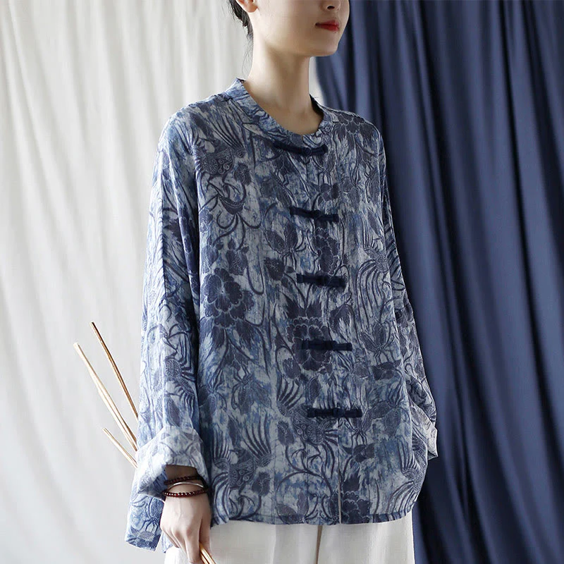 Camicia giacca in lino ramiè a maniche lunghe con motivo a rana, motivo a fiori blu e bianchi, stile retrò Buddha Stones - Image 7
