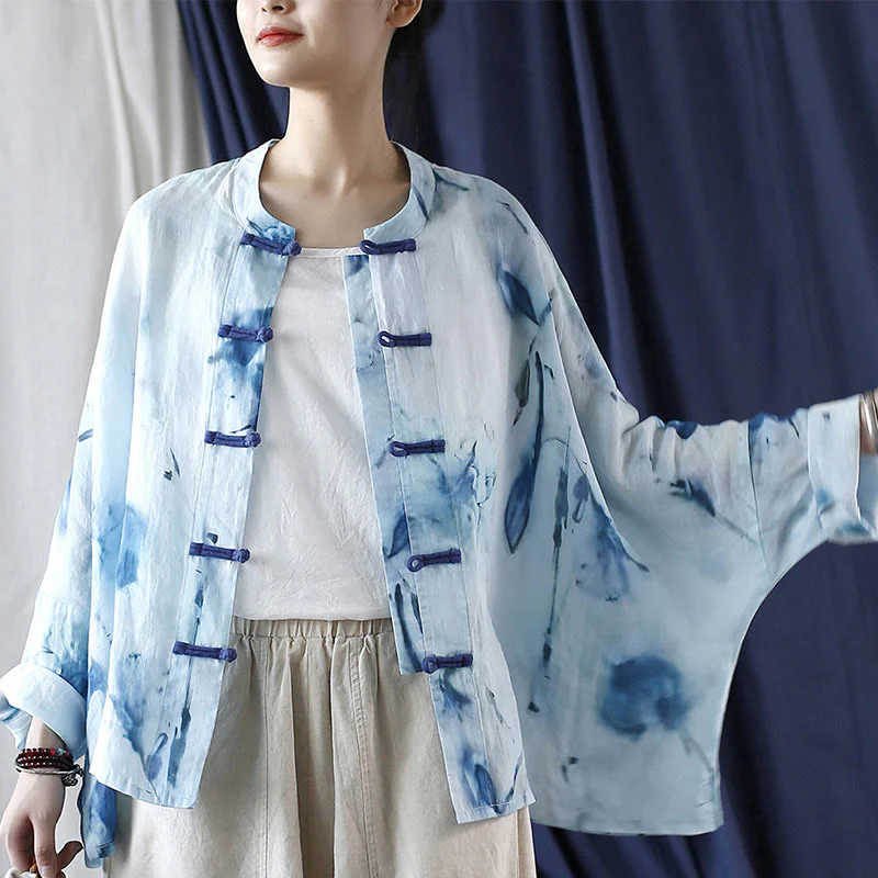 Camicia giacca in lino ramiè a maniche lunghe con motivo tie-dye, fiori blu e bottoni a rana , Buddha Stones - Image 12