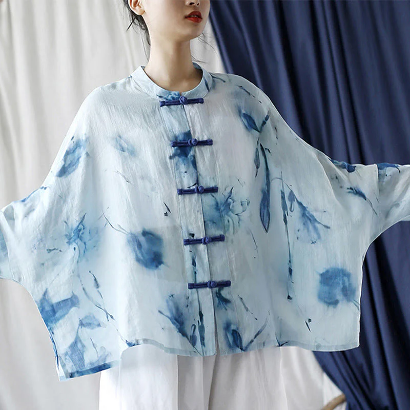 Camicia giacca in lino ramiè a maniche lunghe con motivo tie-dye, fiori blu e bottoni a rana , Buddha Stones - Image 21