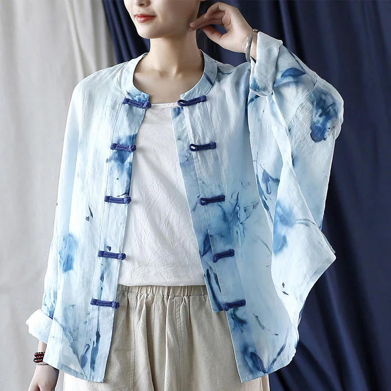 Camicia giacca in lino ramiè a maniche lunghe con motivo tie-dye, fiori blu e bottoni a rana , Buddha Stones - Image 22