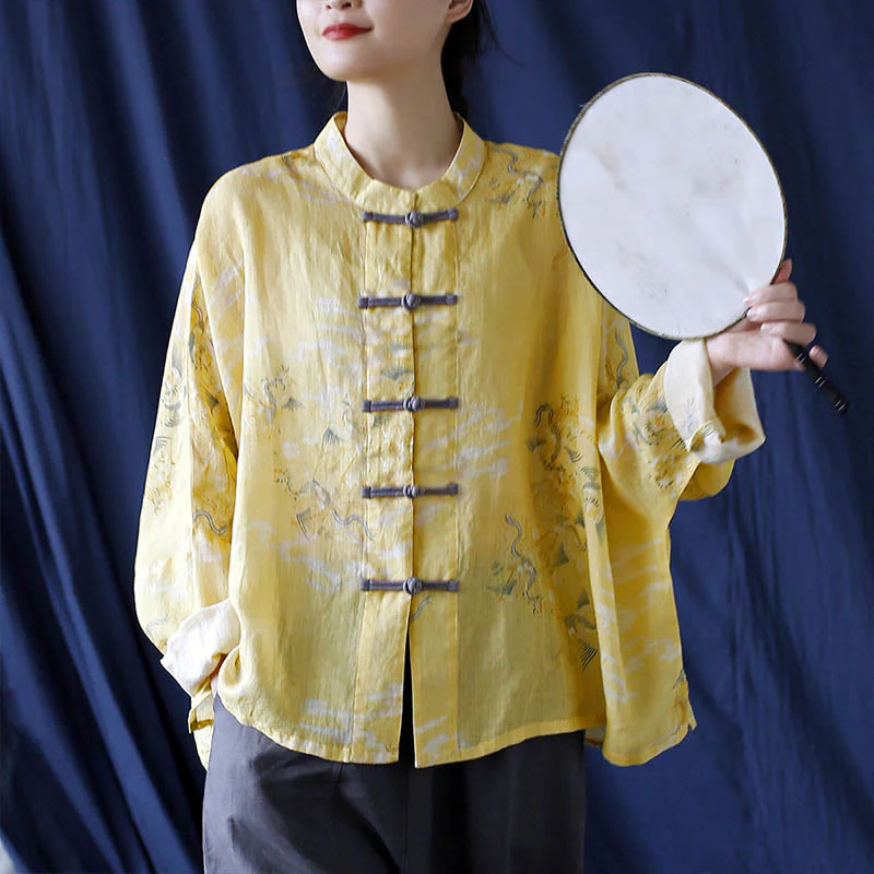 Camicia giacca in lino ramiè a maniche lunghe con stampa fenice gialla Buddha Stones Frog-button design - Image 14