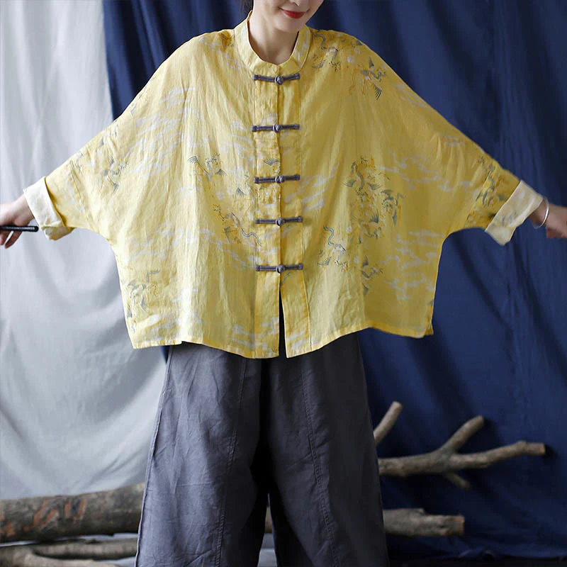 Camicia giacca in lino ramiè a maniche lunghe con stampa fenice gialla Buddha Stones Frog-button design - Image 15