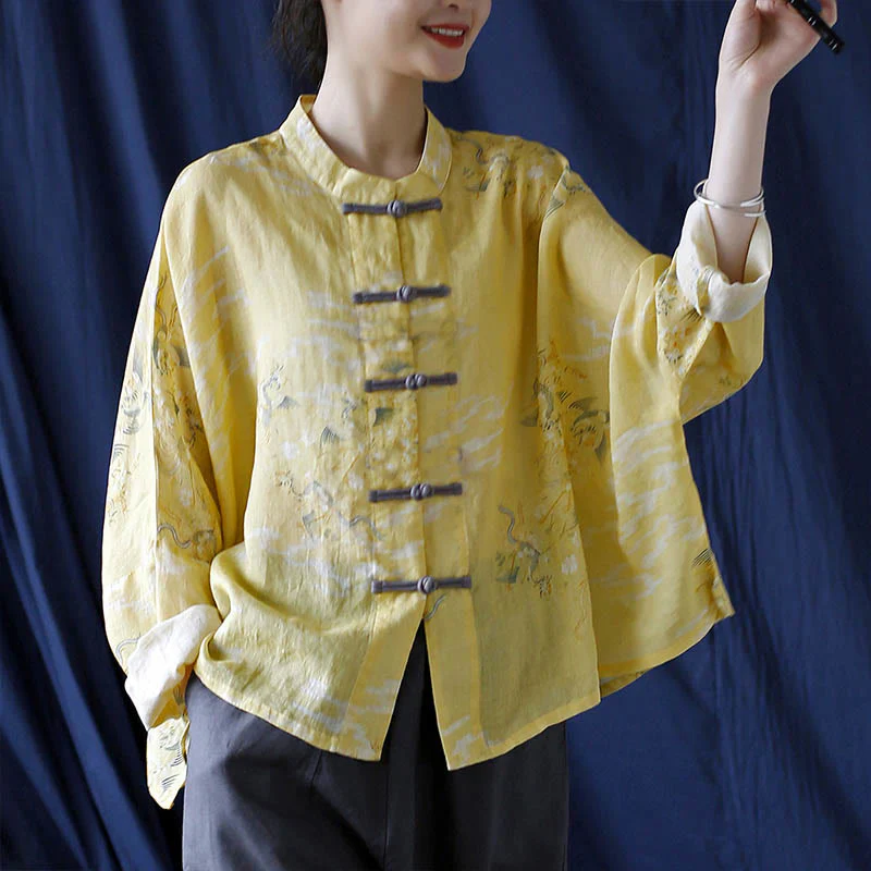Camicia giacca in lino ramiè a maniche lunghe con stampa fenice gialla Buddha Stones Frog-button design - Image 16