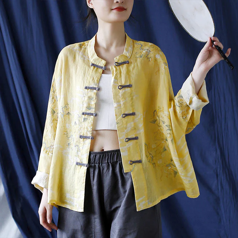 Camicia giacca in lino ramiè a maniche lunghe con stampa fenice gialla Buddha Stones Frog-button design - Image 24
