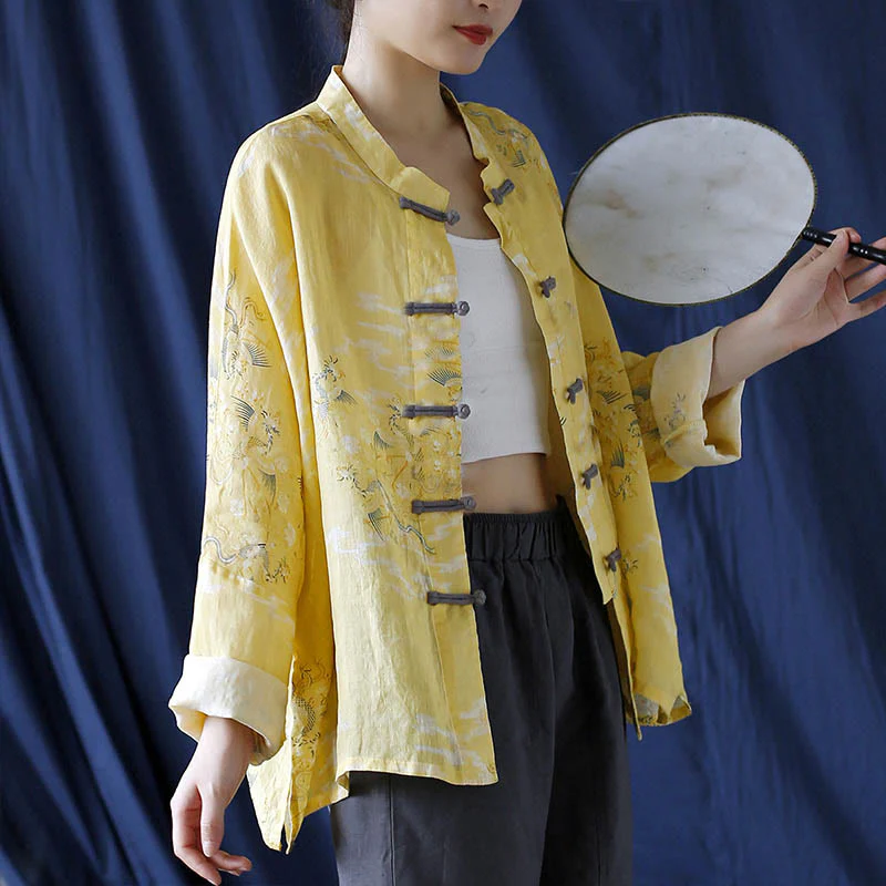 Camicia giacca in lino ramiè a maniche lunghe con stampa fenice gialla Buddha Stones Frog-button design - Image 3