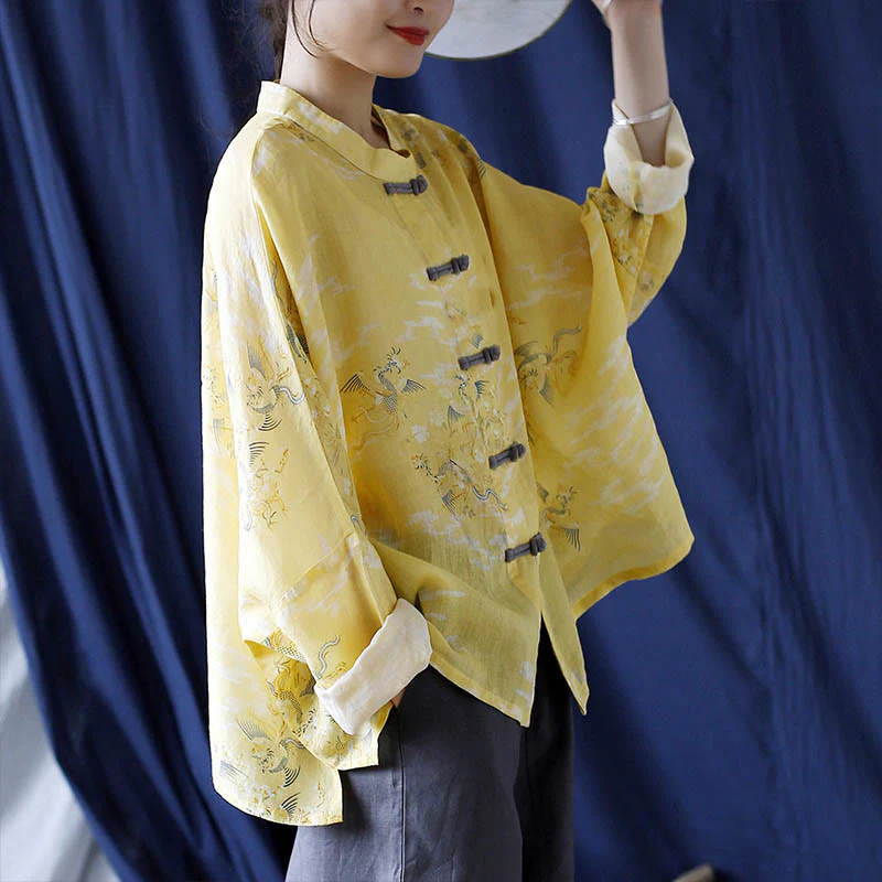 Camicia giacca in lino ramiè a maniche lunghe con stampa fenice gialla Buddha Stones Frog-button design - Image 4