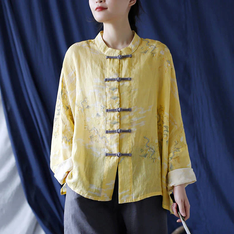 Camicia giacca in lino ramiè a maniche lunghe con stampa fenice gialla Buddha Stones Frog-button design - Image 6