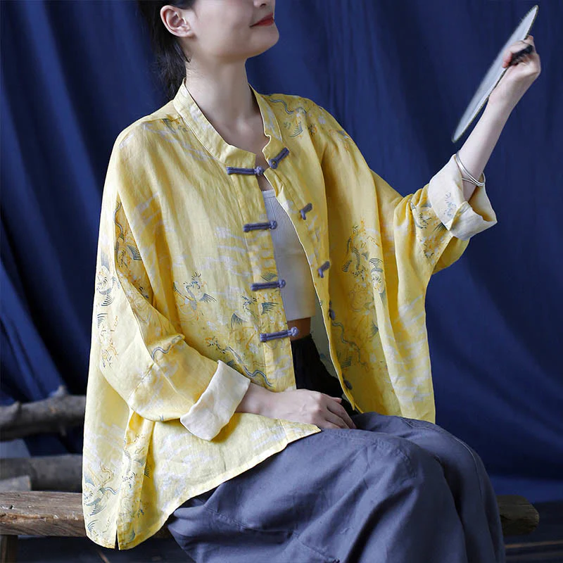 Camicia giacca in lino ramiè a maniche lunghe con stampa fenice gialla Buddha Stones Frog-button design - Image 9