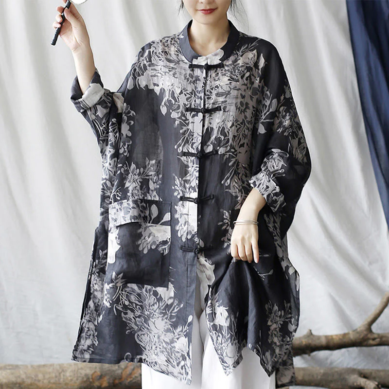 Camicia giacca in lino ramiè con maniche lunghe, bottoni a rana, fiori bianchi blu Buddha Stones con tasche