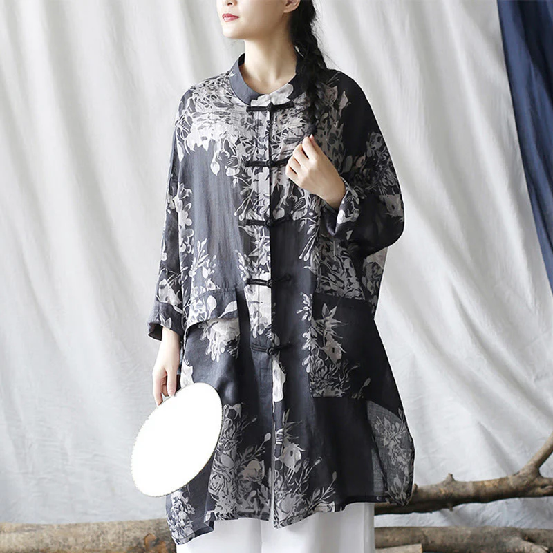 Camicia giacca in lino ramiè con maniche lunghe, bottoni a rana, fiori bianchi blu Buddha Stones con tasche - Image 12