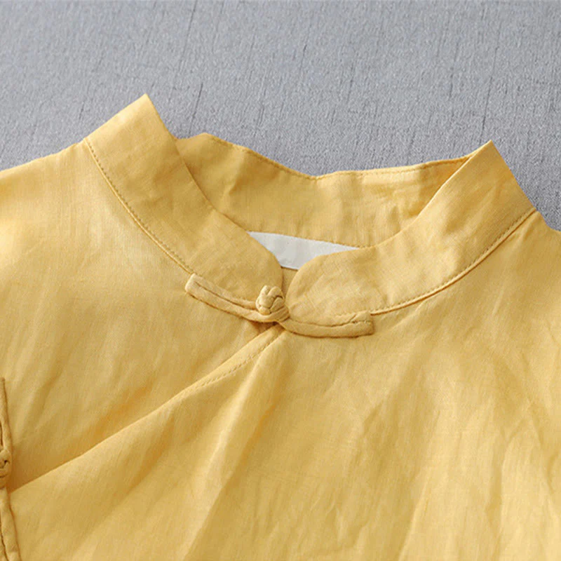 Camicia in cotone e lino a doppio strato con maniche a tre quarti, tinta unita, bottoni a rana, Buddha Stones - Image 10