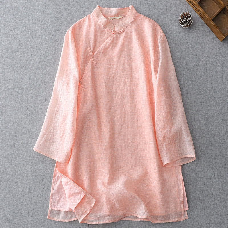 Camicia in cotone e lino a doppio strato con maniche a tre quarti, tinta unita, bottoni a rana, Buddha Stones - Image 19