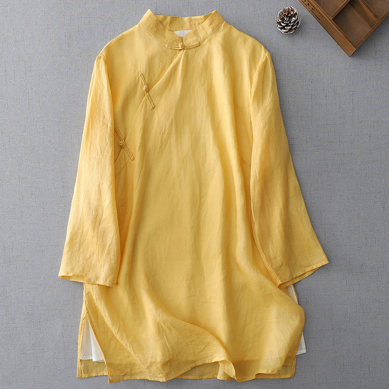 Camicia in cotone e lino a doppio strato con maniche a tre quarti, tinta unita, bottoni a rana, Buddha Stones - Image 7