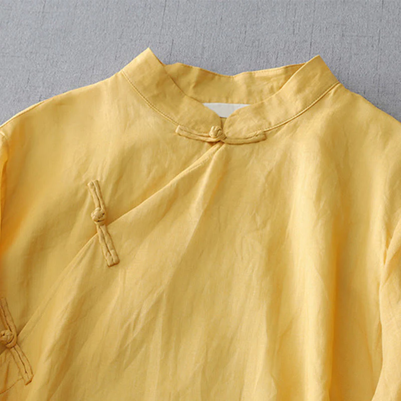 Camicia in cotone e lino a doppio strato con maniche a tre quarti, tinta unita, bottoni a rana, Buddha Stones - Image 9