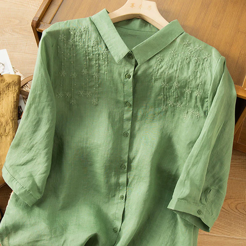 Camicia in cotone e lino con colletto rialzato e maniche corte, casual, da donna, con ricamo Buddha Stones - Image 3