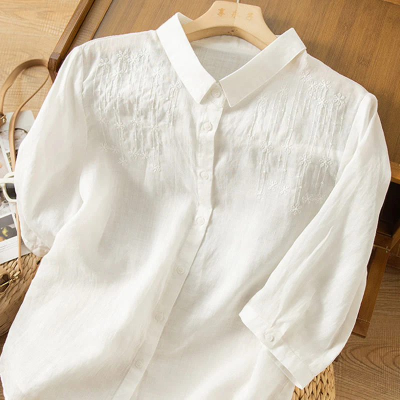 Camicia in cotone e lino con colletto rialzato e maniche corte, casual, da donna, con ricamo Buddha Stones - Image 7