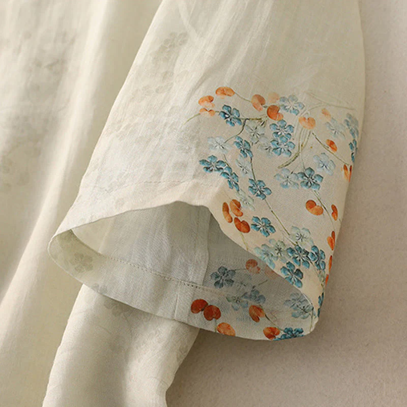 Camicia in cotone e lino con maniche a tre quarti, bottoni a rana, Buddha Stones, fiori blu, foglie arancioni - Image 10