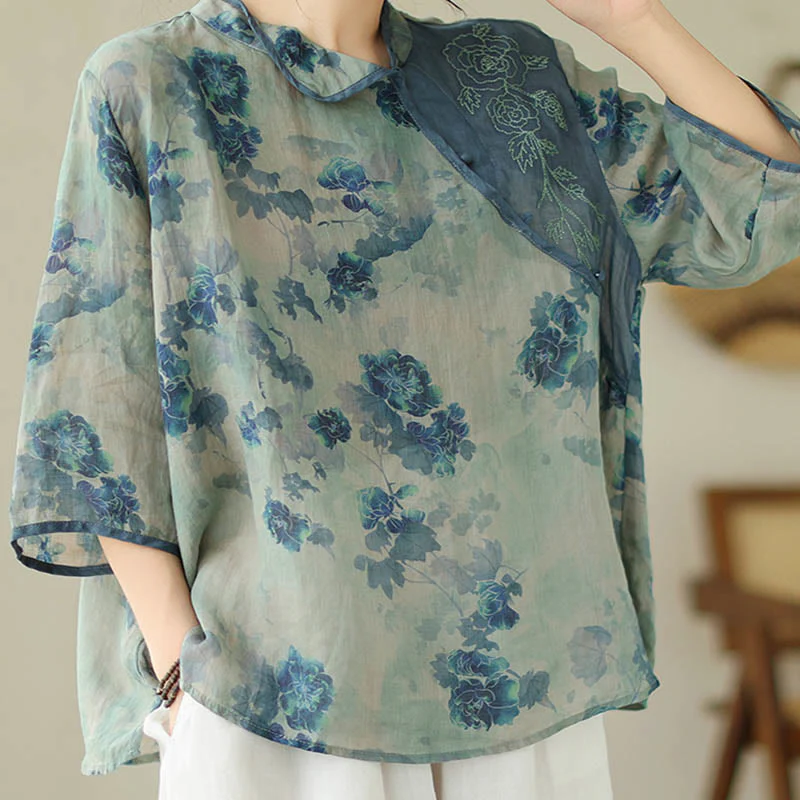 Camicia in lino ramiè con maniche a tre quarti e motivo floreale blu Jacaranda di Buddha Stones, TAGLIA COMODA - Image 9