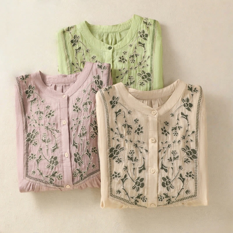 Camicia monopetto da donna in cotone e lino con maniche a tre quarti e ricamo Buddha Stones - Image 27