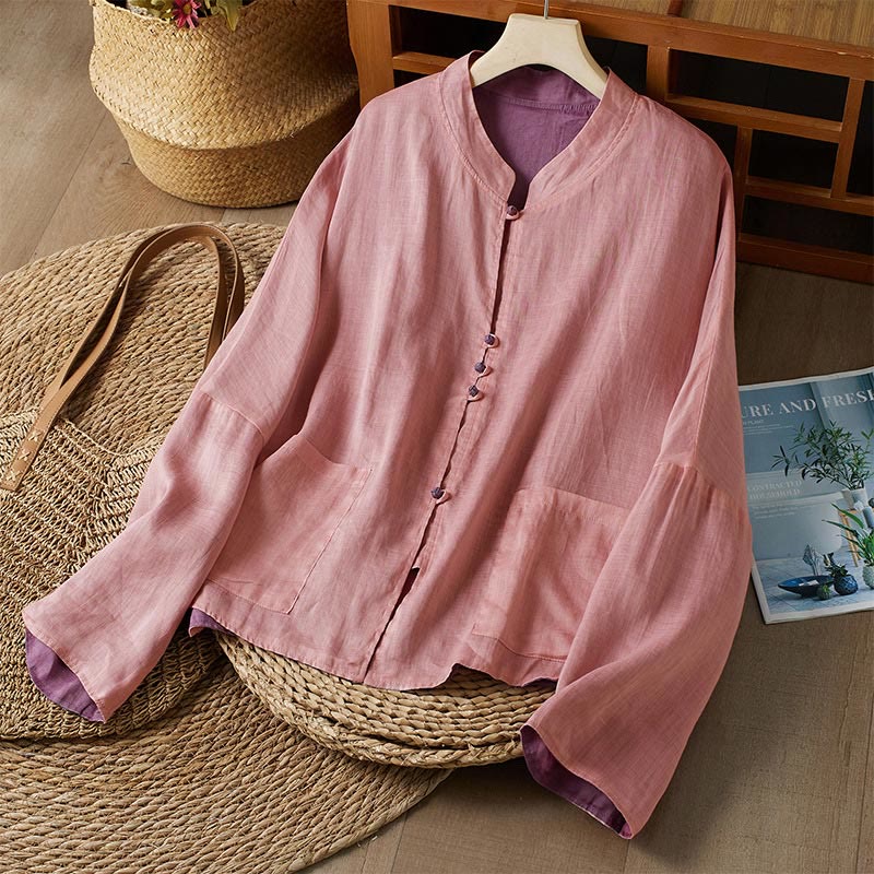 Camicia da donna in cotone e lino, casual, tinta unita, a maniche lunghe, con scollo a V, taglie forti, motivo Buddha Stones - Image 13