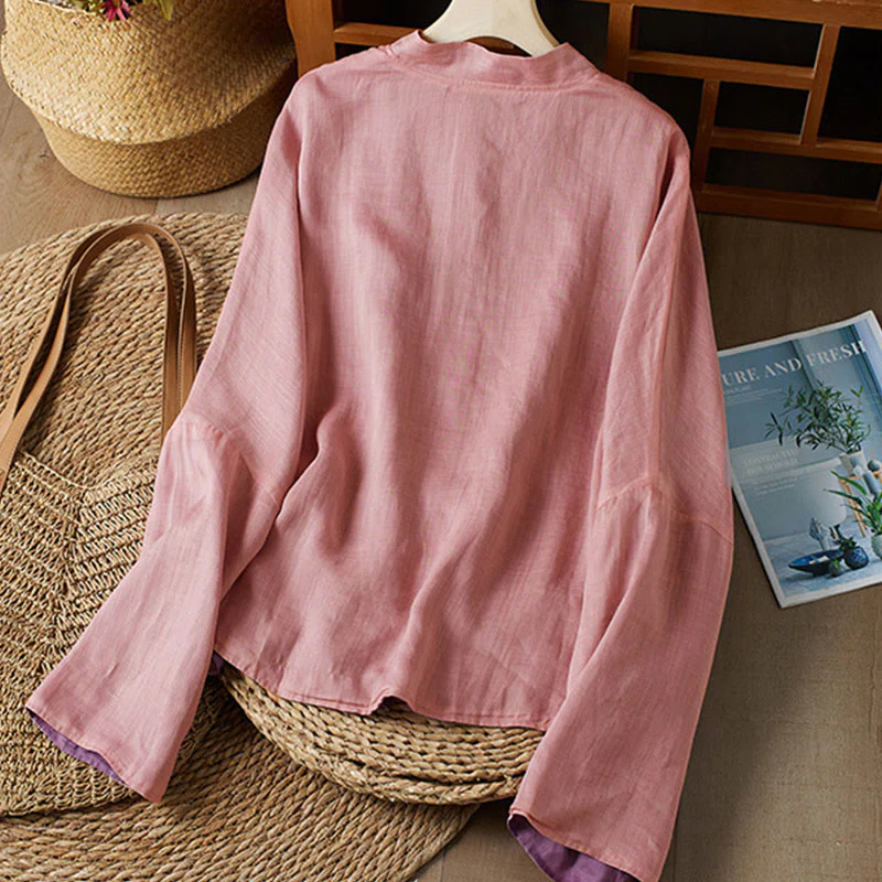 Camicia da donna in cotone e lino, casual, tinta unita, a maniche lunghe, con scollo a V, taglie forti, motivo Buddha Stones - Image 14