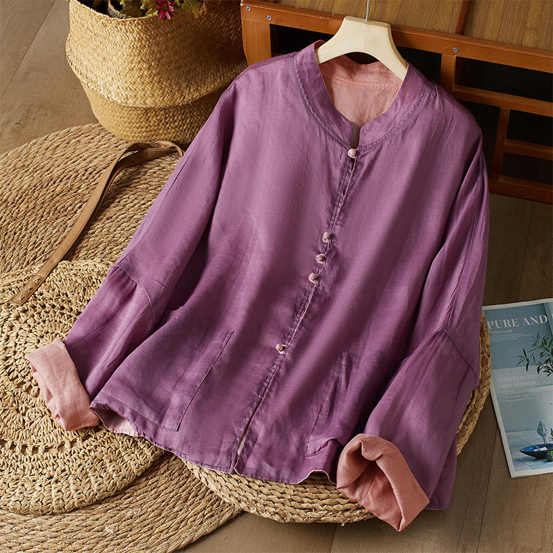 Camicia da donna in cotone e lino, casual, tinta unita, a maniche lunghe, con scollo a V, taglie forti, motivo Buddha Stones - Image 21