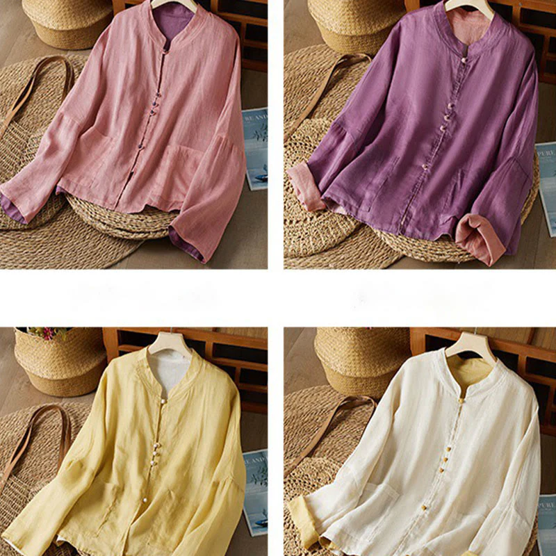 Camicia da donna in cotone e lino, casual, tinta unita, a maniche lunghe, con scollo a V, taglie forti, motivo Buddha Stones - Image 22