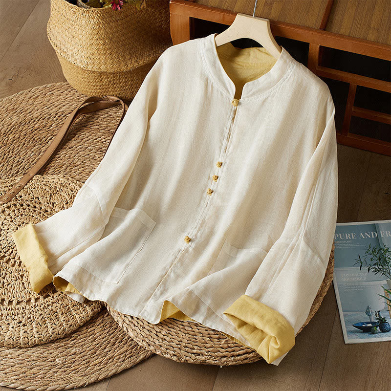Camicia da donna in cotone e lino, casual, tinta unita, a maniche lunghe, con scollo a V, taglie forti, motivo Buddha Stones - Image 9