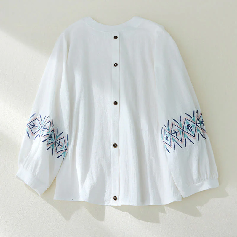Camicie da donna in lino di cotone con bottoni a manica lunga con ricamo geometrico Buddha Stones - Image 10
