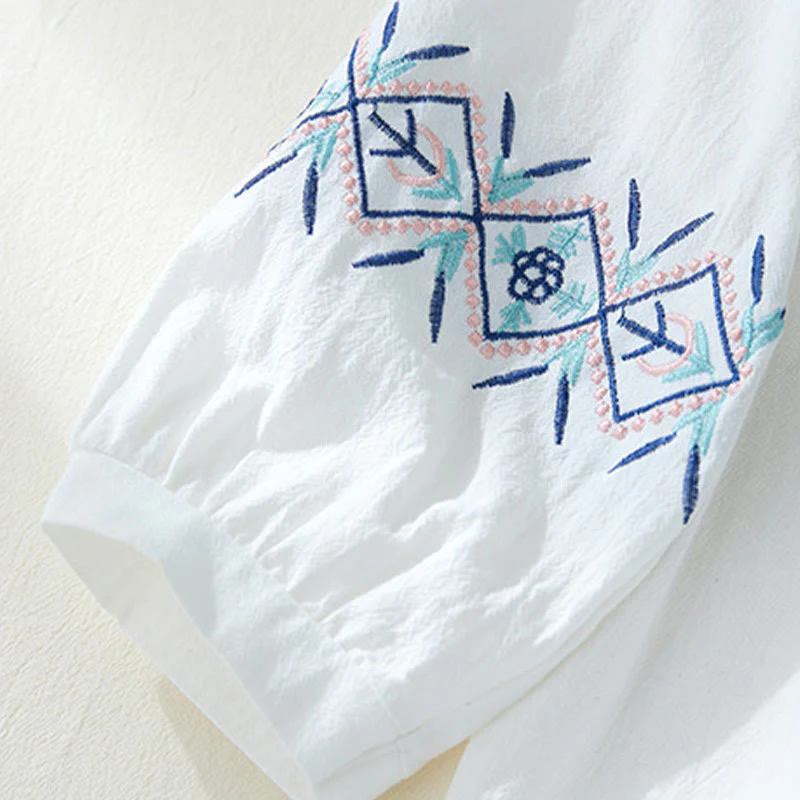 Camicie da donna in lino di cotone con bottoni a manica lunga con ricamo geometrico Buddha Stones - Image 14