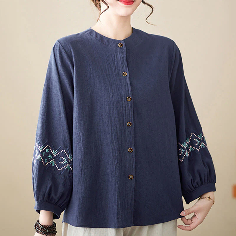 Camicie da donna in lino di cotone con bottoni a manica lunga con ricamo geometrico Buddha Stones - Image 15