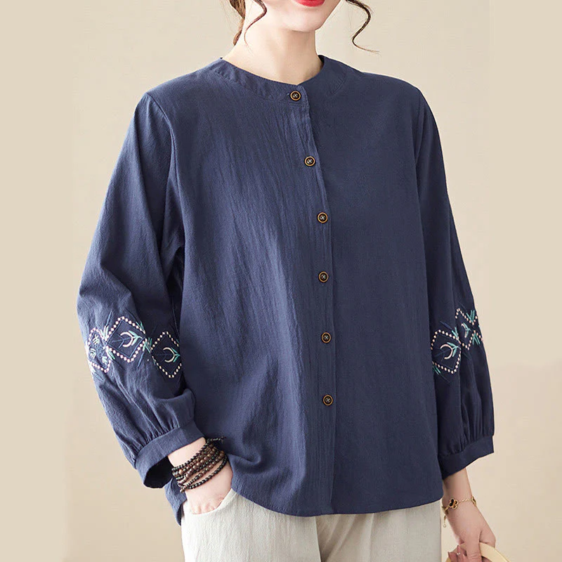 Camicie da donna in lino di cotone con bottoni a manica lunga con ricamo geometrico Buddha Stones - Image 16