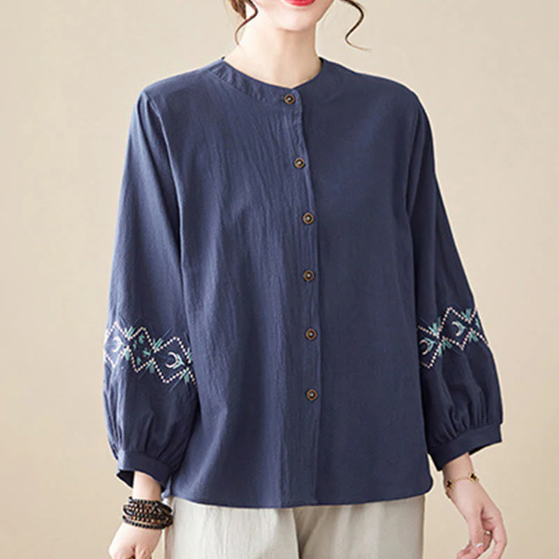 Camicie da donna in lino di cotone con bottoni a manica lunga con ricamo geometrico Buddha Stones - Image 17